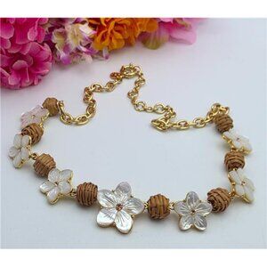 Talbots Mother Of Pearl Hibiscus Flower Necklace Gold Tone Brown Rattan 21 Inch